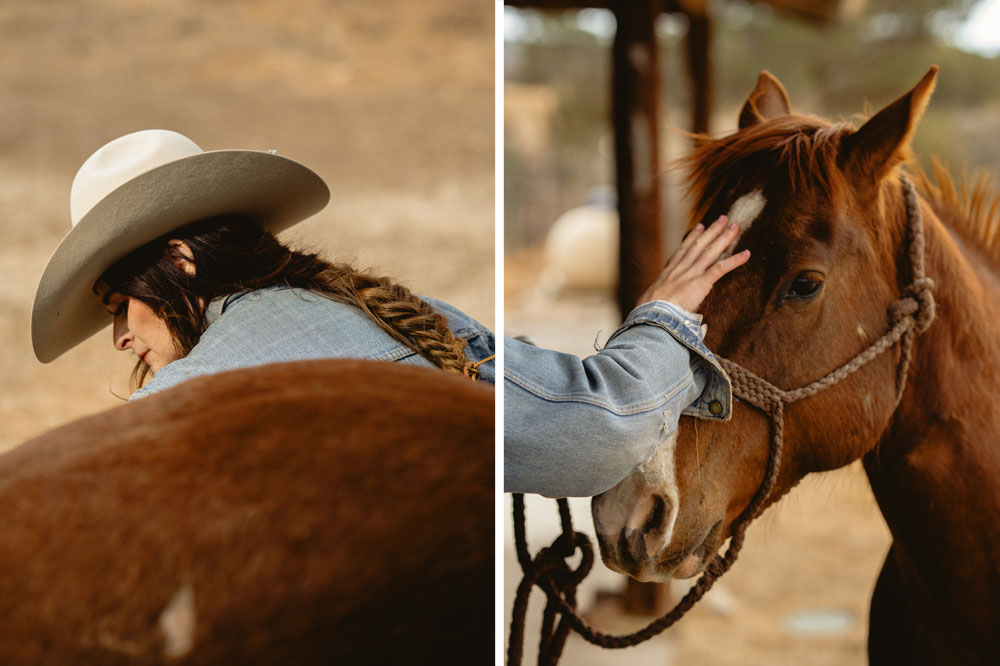 A photo montage of a woman wearing a cowboy hat next to a horse. 